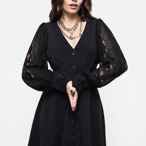 Disturbia Black Button-Up Dress with Lace Sleeves